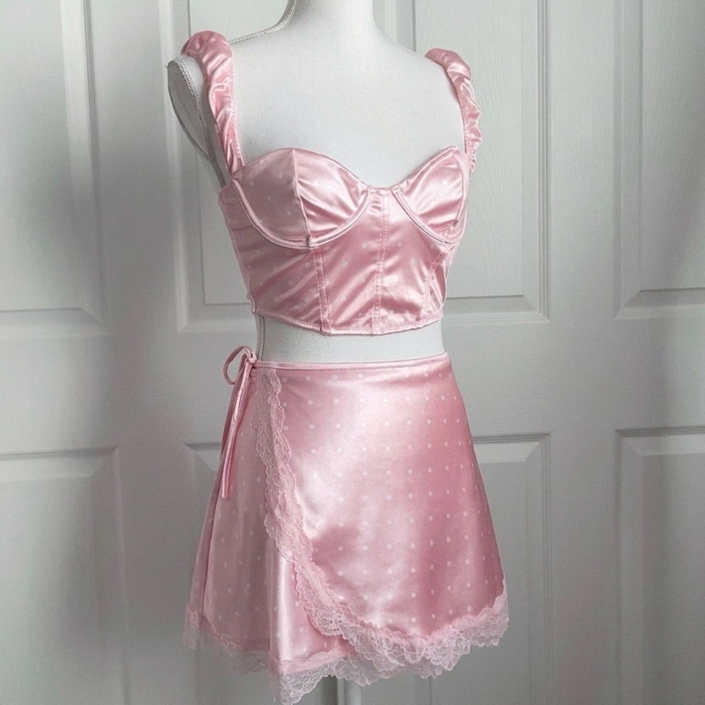 Forever 21 Satin Pink Polka Dot Bustier Crop Top & Wrap Skirt Set